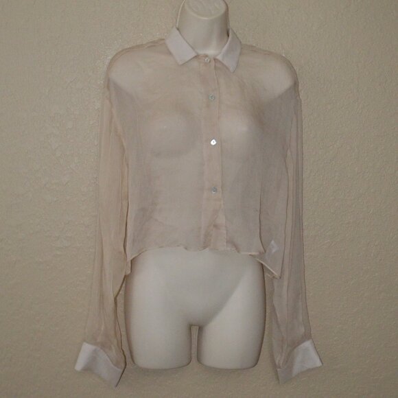 Sz S Sablyn Beige Silk Button Down Cropped  Long Sleeve Blouse - Picture 1 of 7